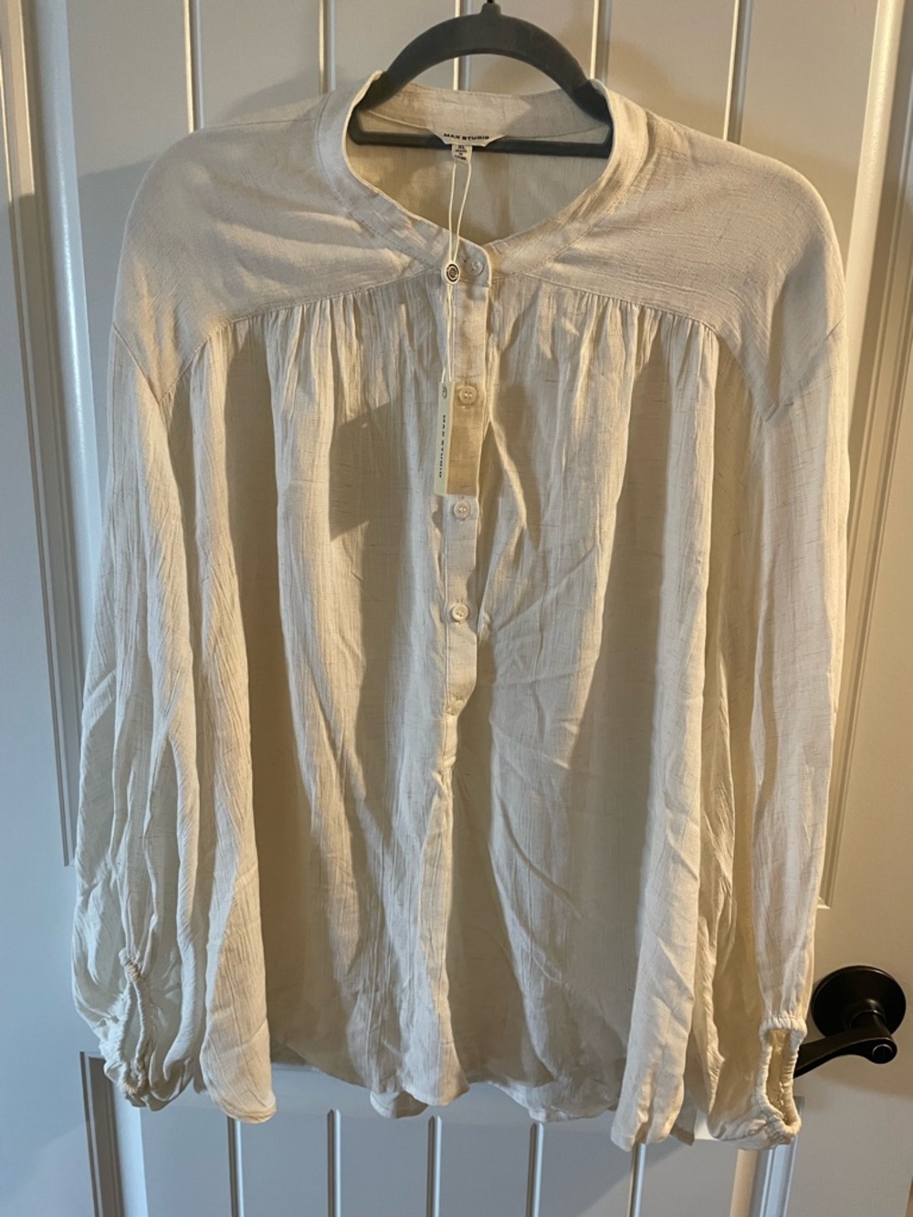 Max Studio Cream Button-Front Peasant Blouse